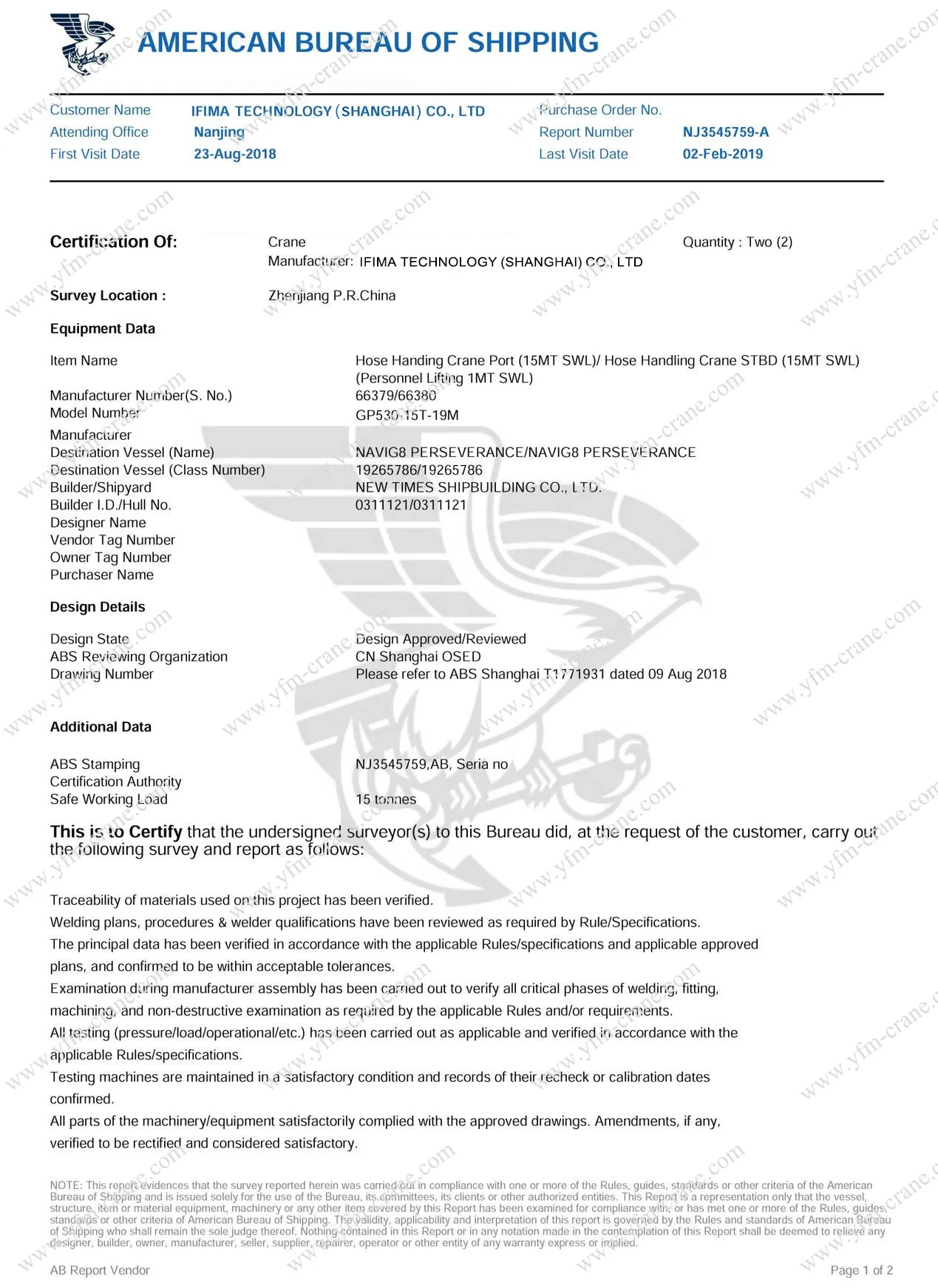 Marine Crane ABS Certificate Marine Crane ABS Certificate