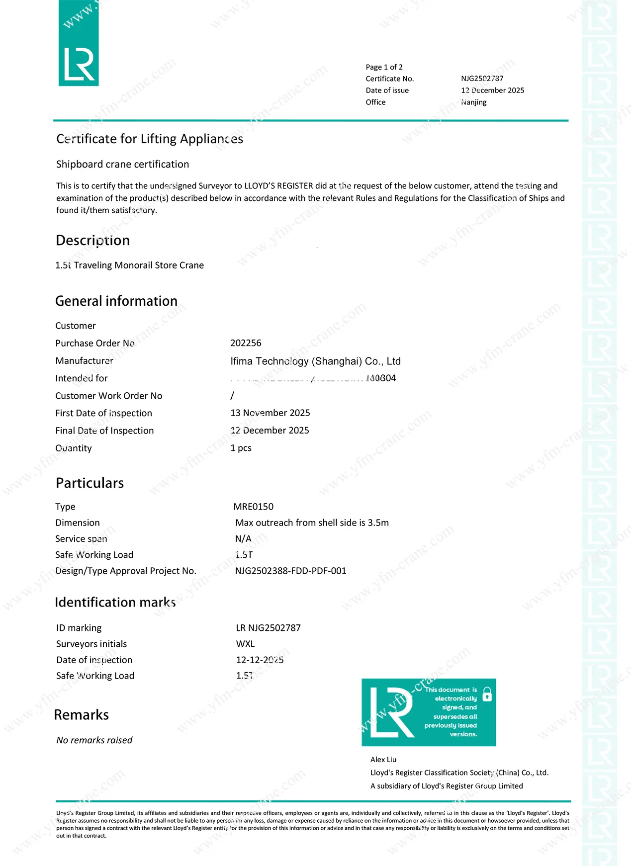 Marine Crane LR Certificate Marine Crane LR Certificate